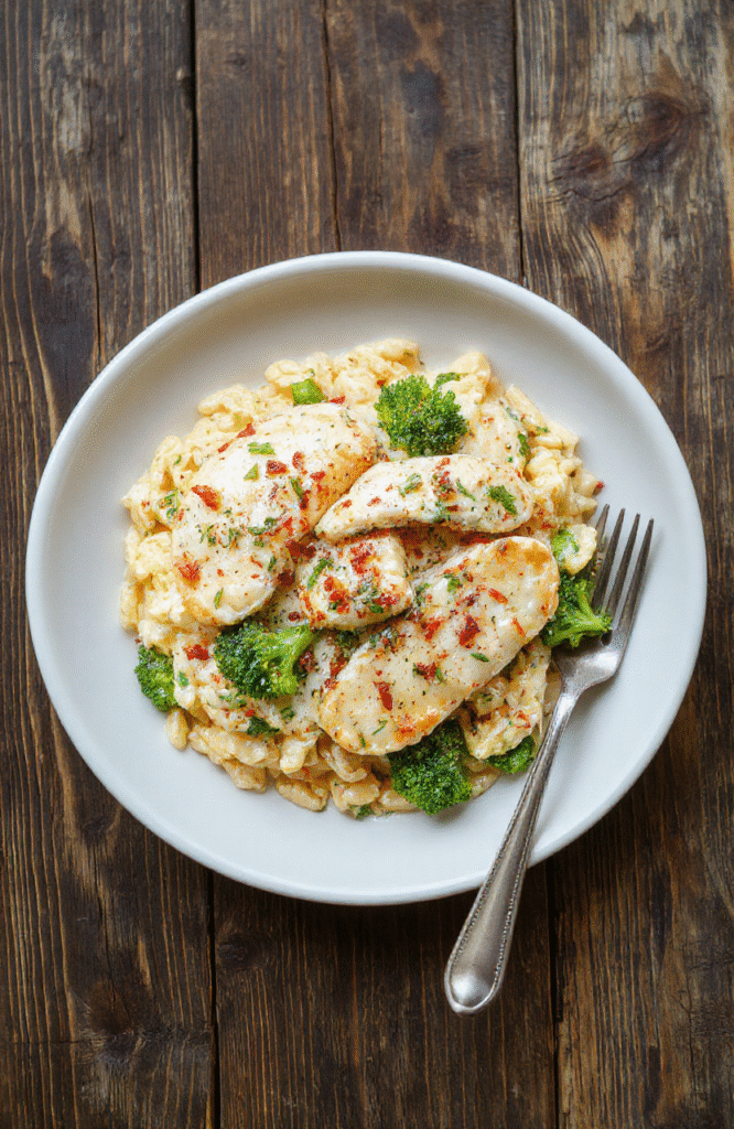 Hähnchenbruststücke mit cremiger Käsesauce, Brokkoliröschen und Orzo-Nudeln auf einem weißen Teller, alles gut durchgezogen und ansprechend angerichtet, mit frischen Kräutern garniert