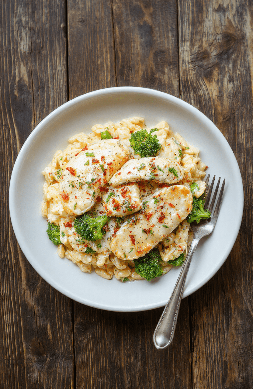 Hähnchenbruststücke mit cremiger Käsesauce, Brokkoliröschen und Orzo-Nudeln auf einem weißen Teller, alles gut durchgezogen und ansprechend angerichtet, mit frischen Kräutern garniert