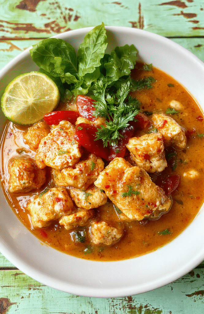 Helles Curry mit cremiger Erdnusssauce, zartes Hähnchenfleisch, frische grüne Kräuter, rote Chilischoten, mit gehackten Erdnüssen garniert, alle in einer weißen Schüssel arrangiert, stilvoll und appetitlich, mit buntem Gemüse im Hintergrund