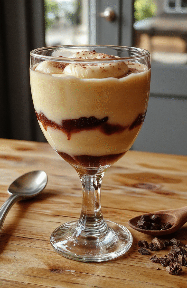 Ein elegantes Dessertglas mit cremiger Vanillekipferl-Kirsch-Creme, garniert mit Vanille und Kirschen, serviert auf einem hellen Holztisch, warme Atmosphäre