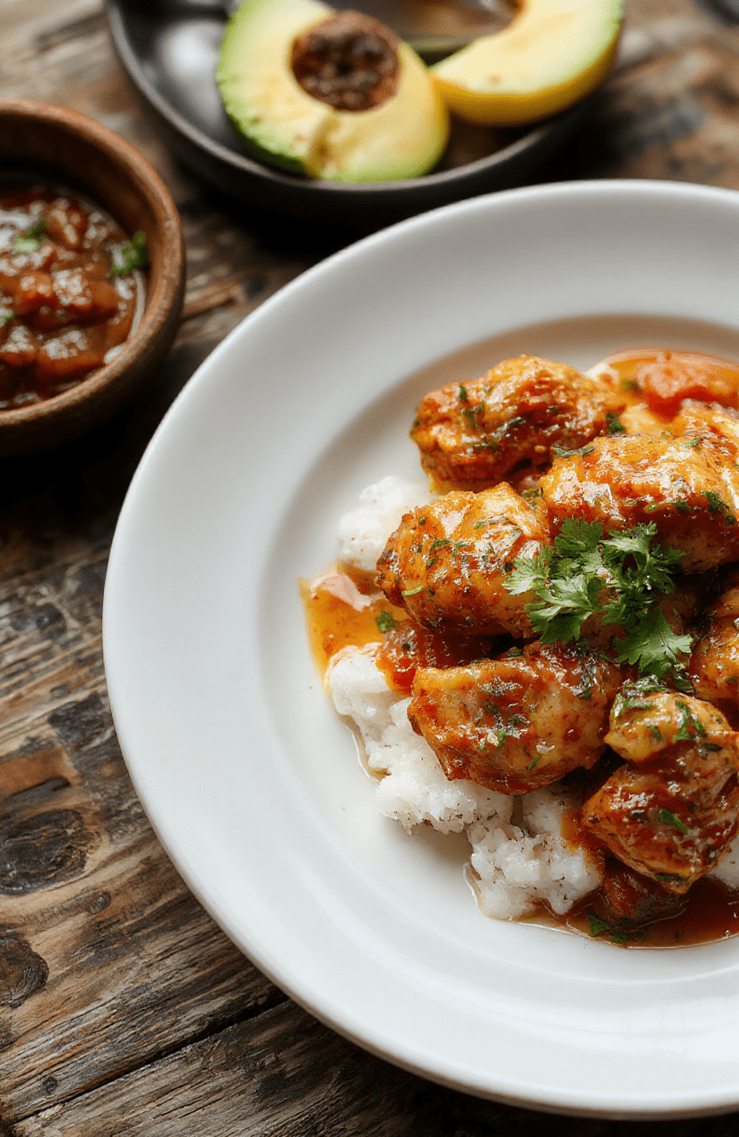 Ein cremiges, goldgelbes Butter Chicken auf einem weißen Teller, garniert mit frischer Koriander und einer cremigen Soße, umgeben von Reis und Gewürzen, ansprechend angerichtet