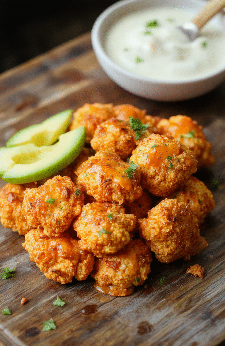 A vibrant plate of crispy buffalo cauliflower bites arranged neatly on a white ceramic plate. The cauliflower florets are golden brown with a slightly crispy coating, drizzled with spicy buffalo sauce that glistens under soft natural light. The background features a rustic wooden table with a few celery sticks and a small bowl of ranch dressing, styled casually, with textures highlighting the crunch and saucy glossiness of the cauliflower.