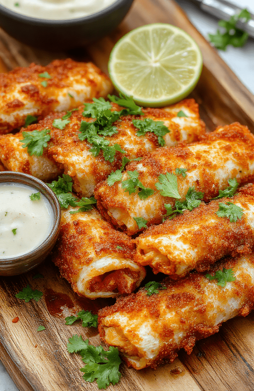 A vibrant plate of crispy air fryer chicken taquitos garnished with fresh cilantro and lime wedges, golden-brown and textured on the surface, arranged neatly on a rustic wooden platter with a drizzle of sour cream and salsa in the background, styled for an appetizing look.