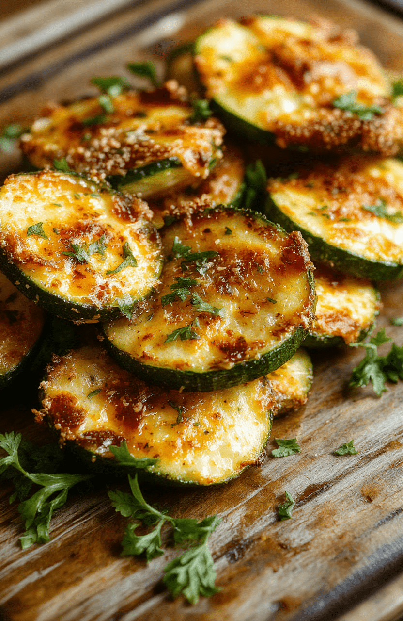 Golden-brown crispy parmesan zucchini slices arranged attractively on a white plate, with a textured breadcrumb coating, vibrant green zucchini peeking through, styled with fresh herbs on a rustic wooden surface.