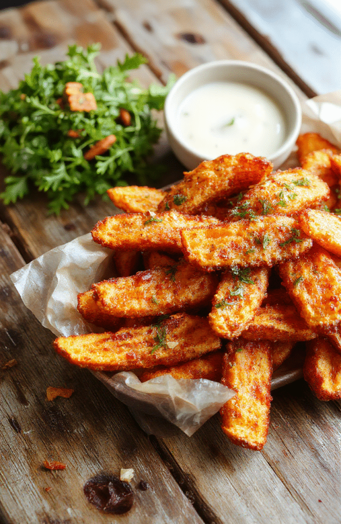 A vibrant plate of golden, crispy sweet potato fries arranged on a rustic wooden table, with a side of dipping sauce, showing textures of crispy edges and tender interiors, styled casually with a sprinkle of herbs.