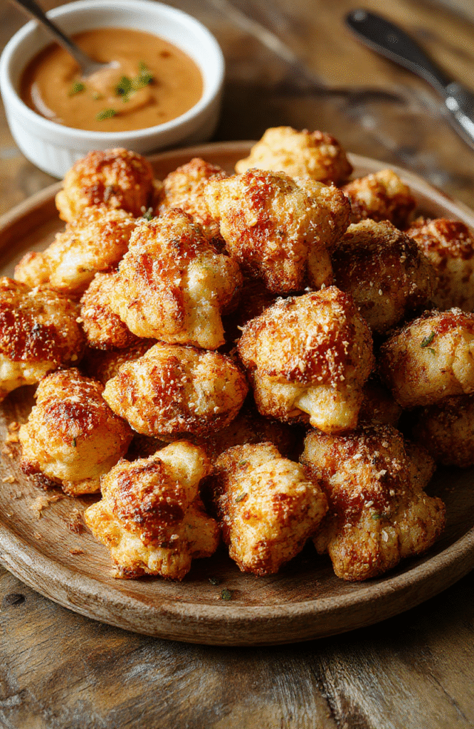 Golden crispy cauliflower florets coated with sesame seeds, presented on a white plate with drizzle of sauce, vibrant and appetizing with a crispy texture visible, garnished with chopped green onions and sesame seeds, styled on a rustic wooden table with natural lighting.