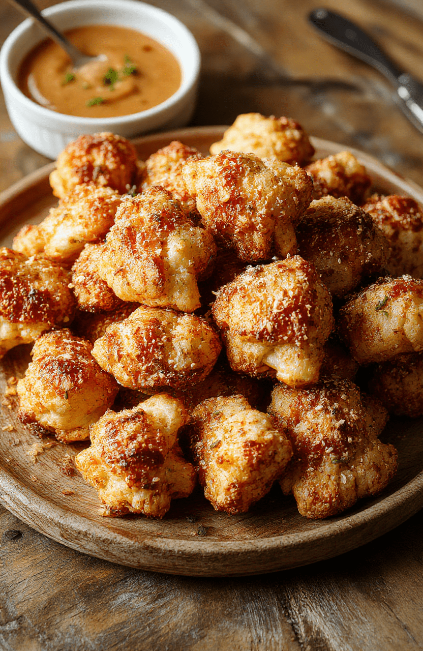 Golden crispy cauliflower florets coated with sesame seeds, presented on a white plate with drizzle of sauce, vibrant and appetizing with a crispy texture visible, garnished with chopped green onions and sesame seeds, styled on a rustic wooden table with natural lighting.