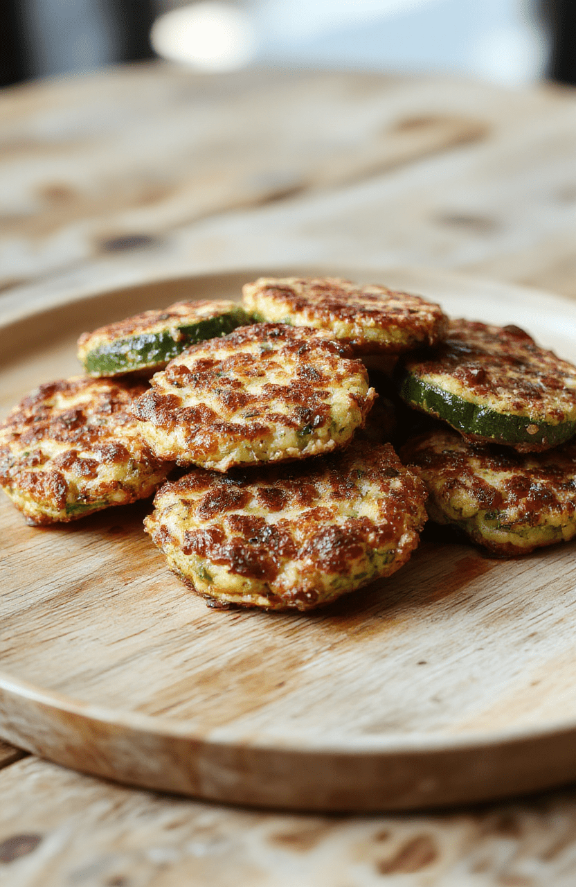 Golden brown crispy zucchini fritters stacked on a rustic plate with fresh parsley and lemon wedges, textured zucchini shreds visible, garnished with microgreens, styled with a neutral background for a cozy inviting feel.