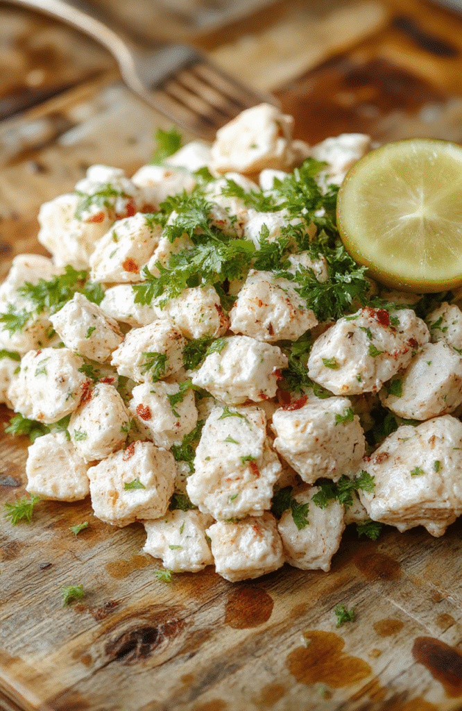 A vibrant bowl of crunchy dill pickle chicken salad showcasing diced chicken, crunchy pickle slices, fresh herbs, and a creamy dressing, arranged on a rustic wooden table with a casual, inviting feel.