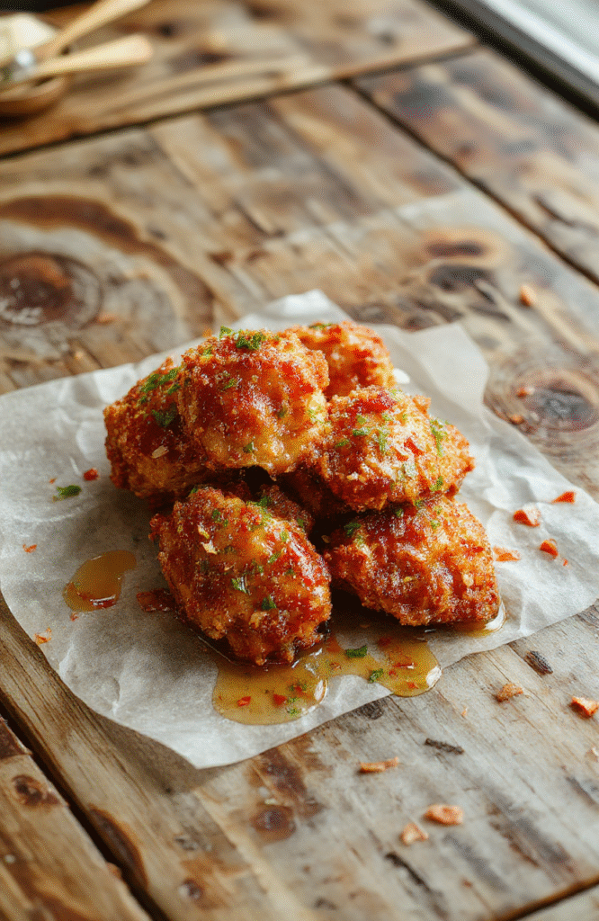 A golden-brown, crispy baked chicken breast glazed with a glossy, spicy honey sauce, garnished with sesame seeds and chopped green onions, on a rustic white plate with a light wooden background, steam rising slightly, vibrant red and yellow glaze contrasting with the crispy texture