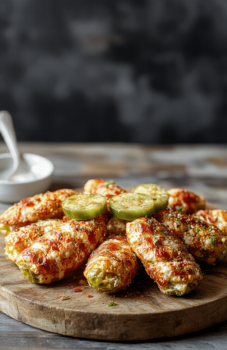 Colorful jalapeño peppers cut in half and stuffed with creamy cheese, crispy golden exterior from the air fryer, garnished with fresh herbs, vibrant red and green peppers contrasting with the white cheese filling, styled on a rustic wooden board with a blurred background.