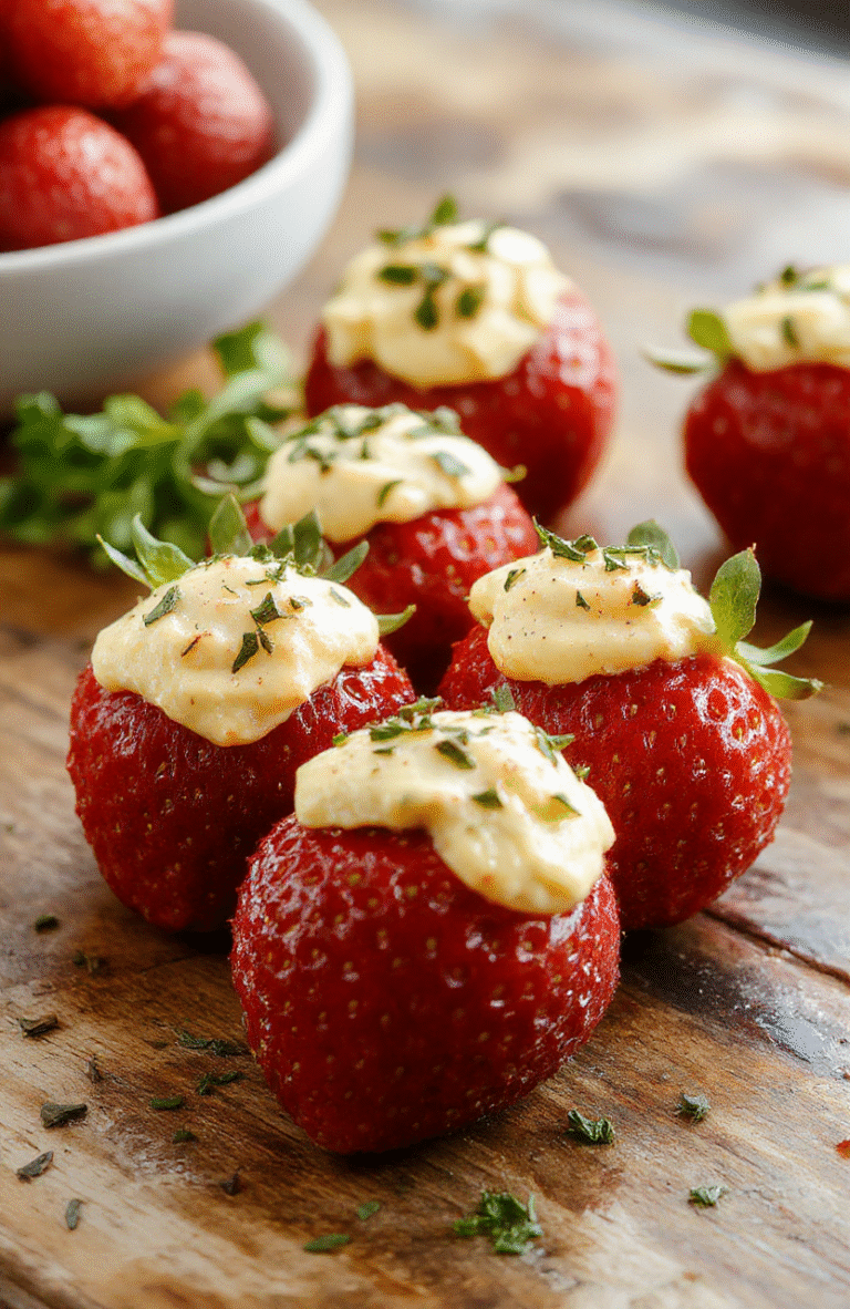 Colorful deviled strawberries arranged on a white plate, topped with cream cheese filling and sprinkled with crushed nuts, vibrant red strawberries contrasting with creamy white filling, garnished with fresh mint leaves, styled on a rustic wooden table.