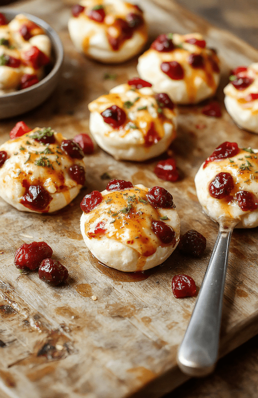 Mini baked cranberry brie bites arranged on a white plate, showcasing golden pastry cups filled with melted brie and vibrant cranberry topping, garnished with fresh thyme, styled on a rustic wooden table with a festive holiday backdrop.