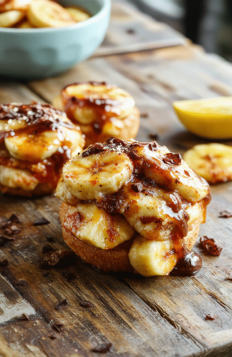 A close-up of golden-brown caramelized bananas arranged beautifully on a white plate, topped with a drizzle of caramel sauce. The bananas have a glossy, caramelized surface with a hint of cinnamon, served on a rustic wooden table with soft natural light highlighting the textures and colors.