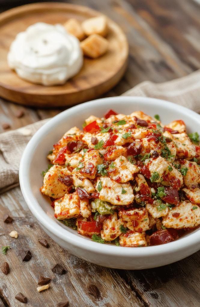 A vibrant bowl of Asian chicken crunch salad featuring shredded grilled chicken, colorful bell peppers, shredded carrots, crunchy wonton strips, and fresh greens drizzled with a sesame ginger dressing, beautifully plated with a wooden background and natural lighting highlighting textures and colors.