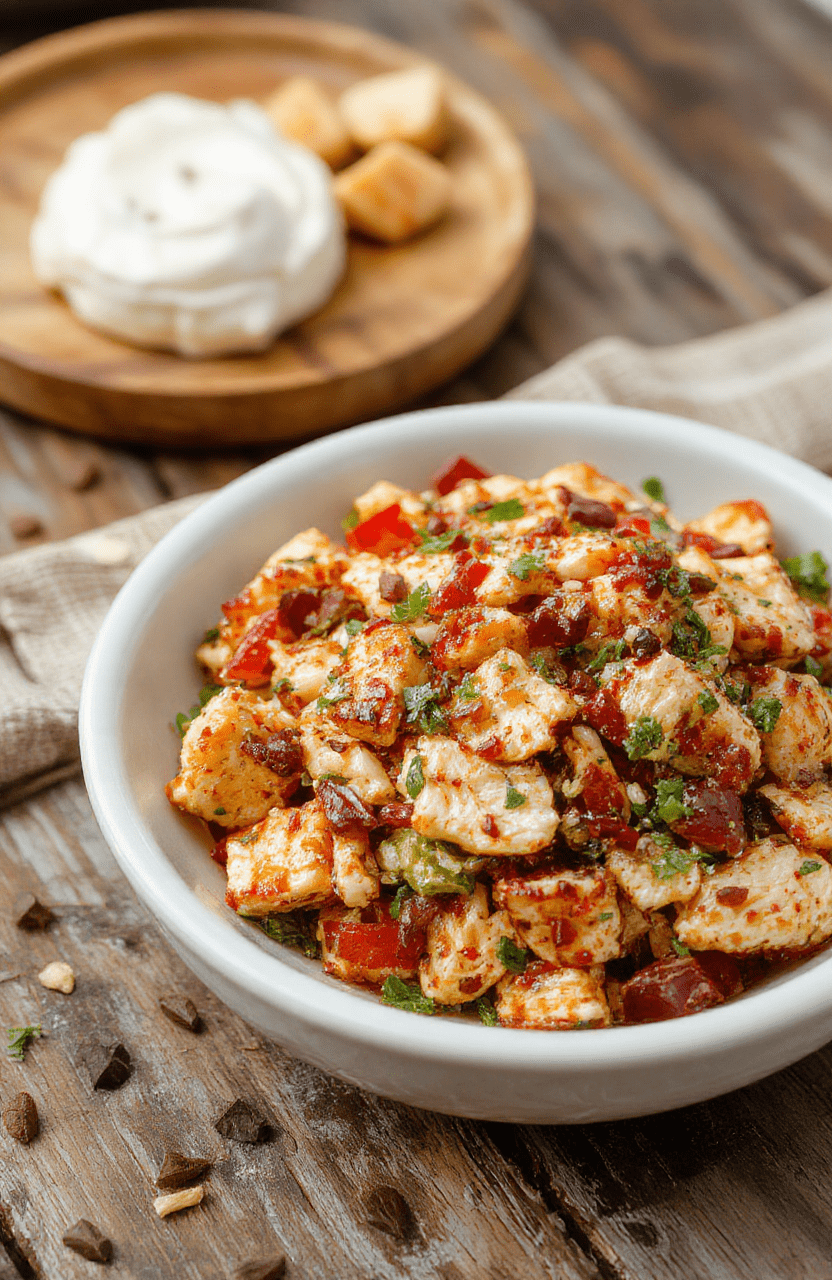 A vibrant bowl of Asian chicken crunch salad featuring shredded grilled chicken, colorful bell peppers, shredded carrots, crunchy wonton strips, and fresh greens drizzled with a sesame ginger dressing, beautifully plated with a wooden background and natural lighting highlighting textures and colors.