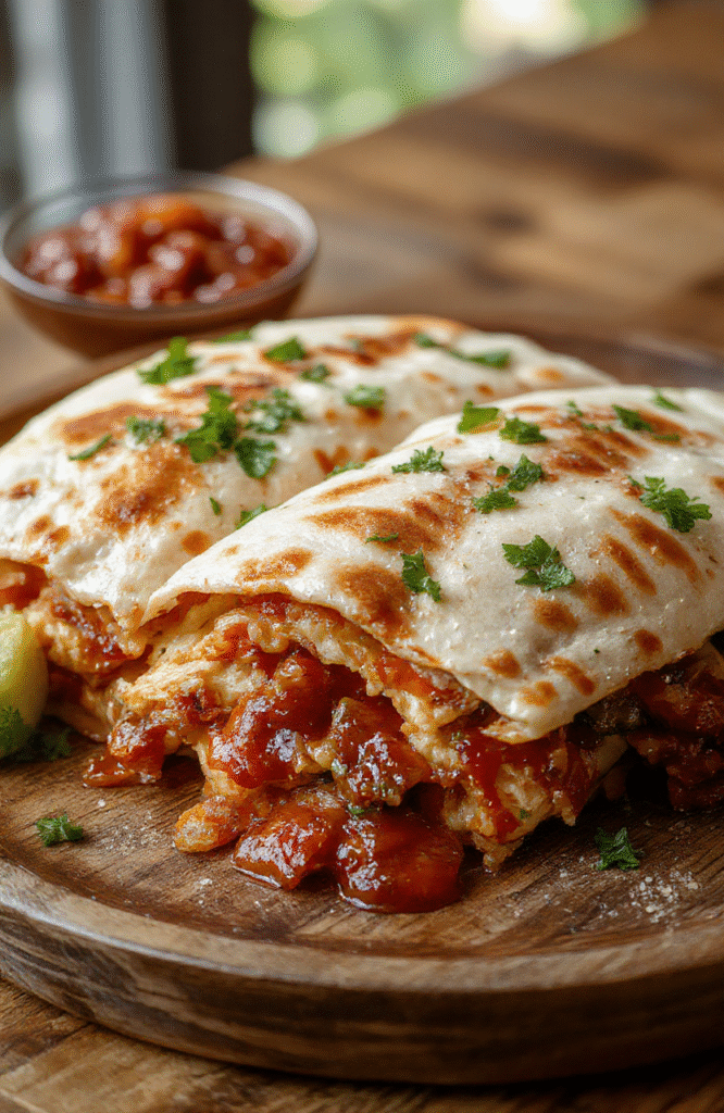 A vibrant close-up of a golden-brown quesadilla filled with shredded BBQ chicken, melted cheese, and fresh cilantro, sliced into wedges on a rustic wooden plate, with a side of salsa and sour cream, styled casually.