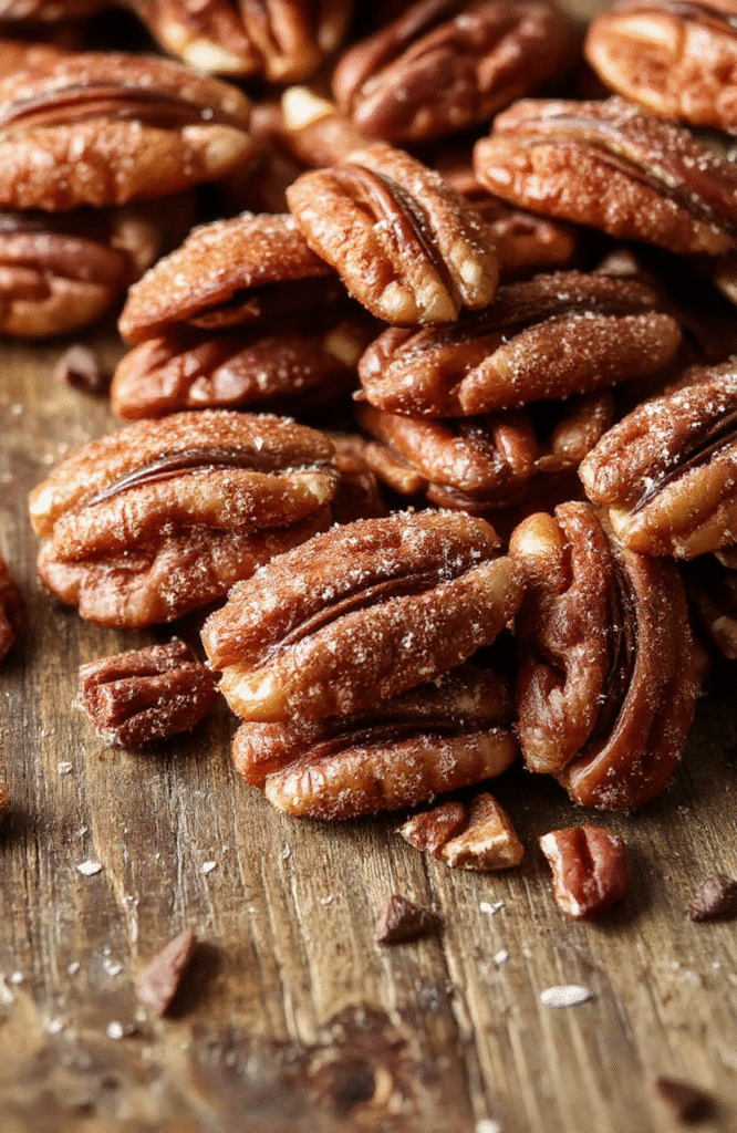 A close-up of glossy, golden-brown cinnamon sugar pecans arranged on a rustic wooden plate, with a sprinkle of cinnamon on top, showcasing their crunchy texture and rich coating, styled with a soft-focus background and natural light highlighting their caramelized sheen.