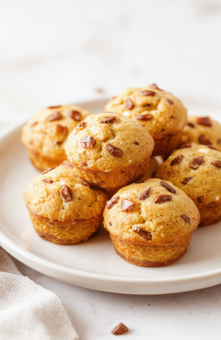 Colorful mini muffins arranged on a white ceramic plate, soft pastel background with scattered muffin crumbs, showcasing golden-brown tops and moist interiors, styled simply to emphasize their fluffy texture and inviting appearance.