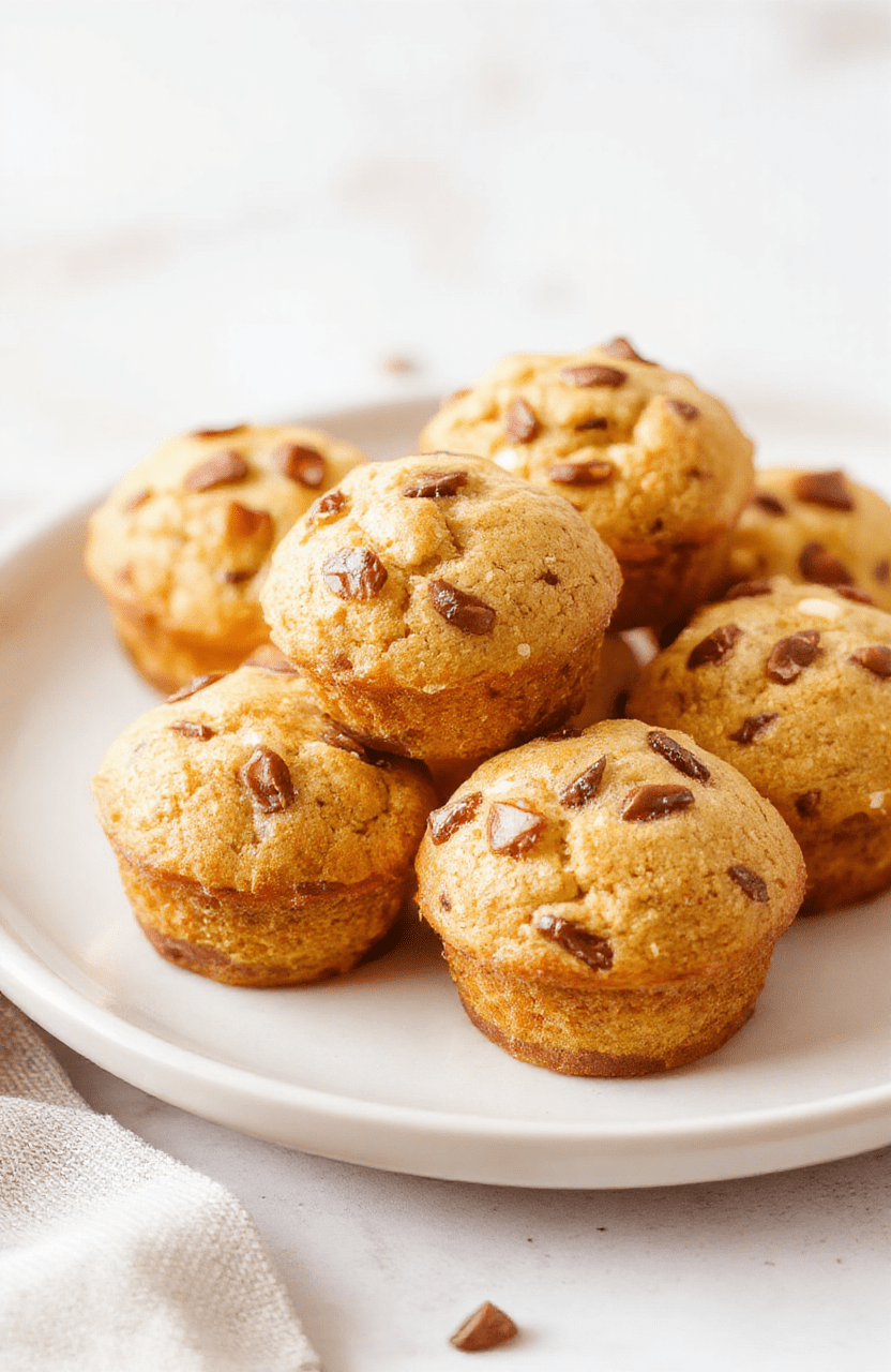 Colorful mini muffins arranged on a white ceramic plate, soft pastel background with scattered muffin crumbs, showcasing golden-brown tops and moist interiors, styled simply to emphasize their fluffy texture and inviting appearance.