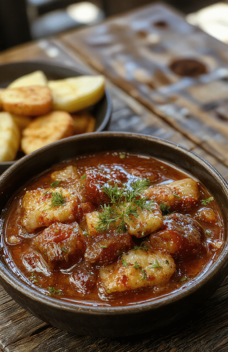 A rustic bowl of hearty Poor Man's Stew with chunks of tender beef, potatoes, and vegetables, surrounded by a steaming spoon, all placed on a wooden table with a cozy kitchen backdrop. The stew has a rich, thick broth with vibrant orange carrots and green herbs, styled simply yet invitingly.