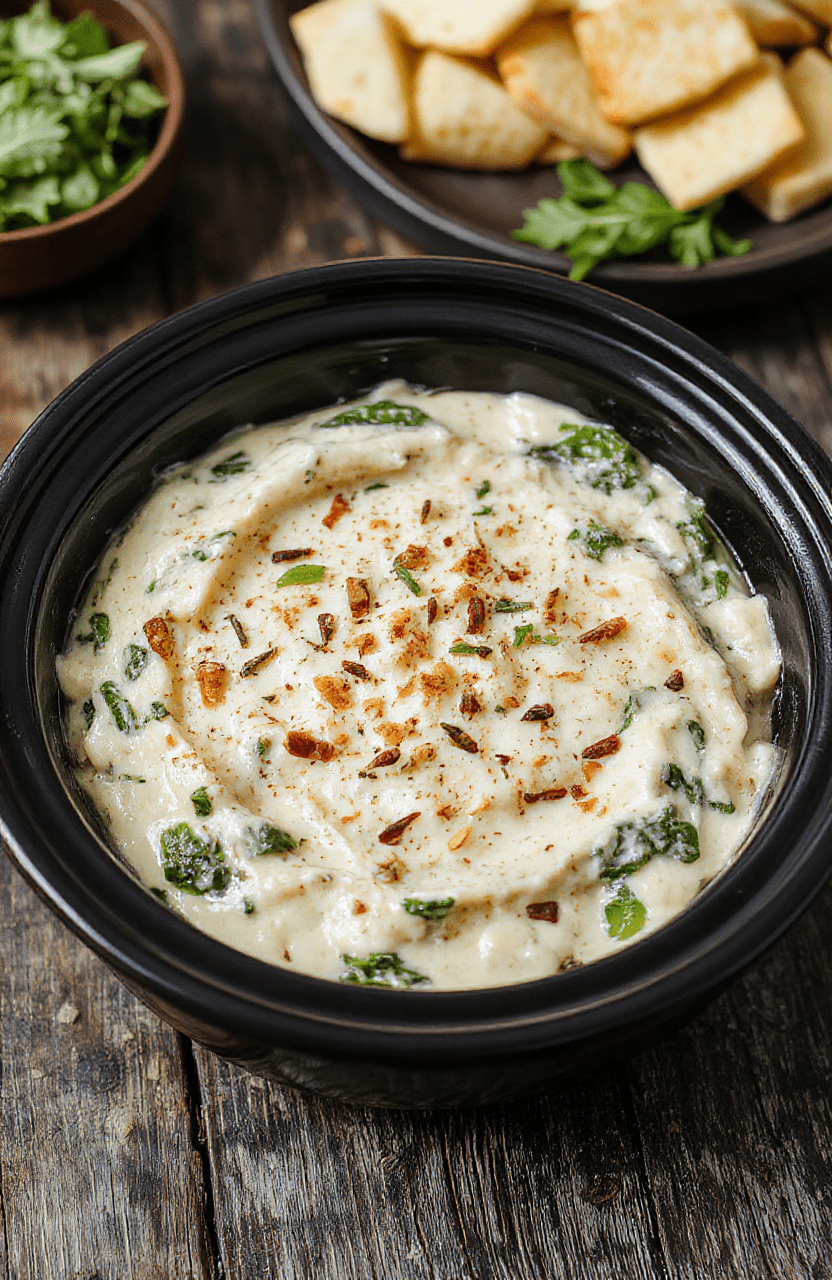 A creamy spinach and artichoke dip served in a white ceramic bowl, topped with melted cheese and fresh herbs, garnished with sliced artichoke hearts and spinach leaves. The dip has a smooth, cheesy texture with a slight golden-brown crust around the edges, surrounded by colorful fresh vegetable dippers like bell peppers and celery, styled on a rustic wooden platter.