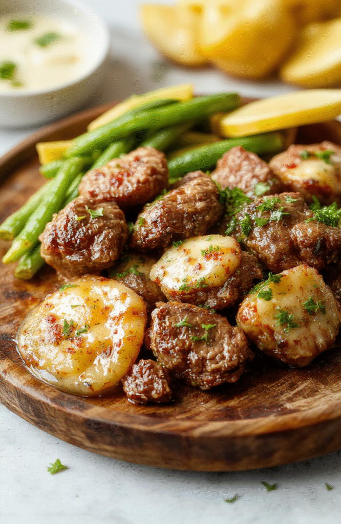 A close-up of tender beef bites coated in rich garlic butter sauce, served on a rustic wooden plate with sprigs of fresh herbs, the beef glistening and perfectly cooked, with a textured background highlighting the savory dish.