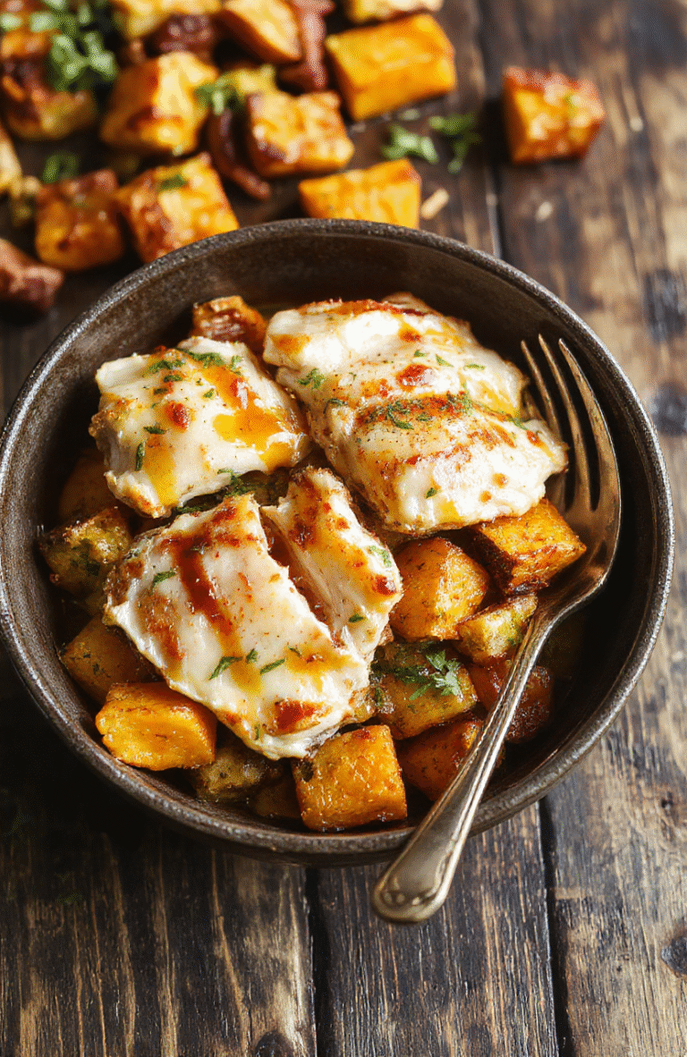 A vibrant sheet pan meal featuring golden roasted chicken chunks glazed with maple Dijon sauce, surrounded by colorful roasted sweet potatoes and assorted vegetables with a caramelized surface, all arranged on a rustic wooden surface styled in natural lighting for an inviting, wholesome look.
