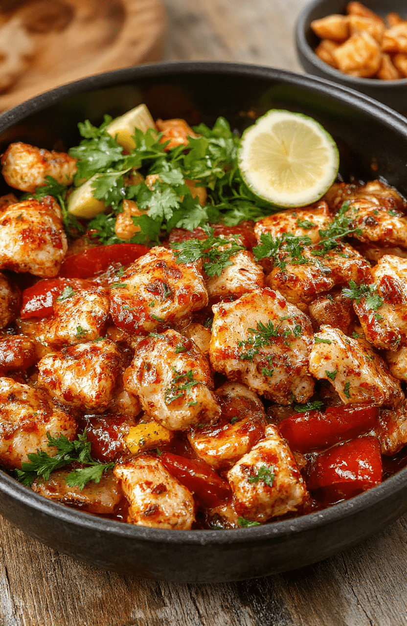 A vibrant plate of chicken fajitas featuring colorful sliced bell peppers and onions on tender grilled chicken strips, all caramelized with spices, arranged neatly on a rustic white plate. The dish is garnished with fresh cilantro and lime wedges, styled on a wooden table with soft natural lighting highlighting the textures and vivid colors of the ingredients.