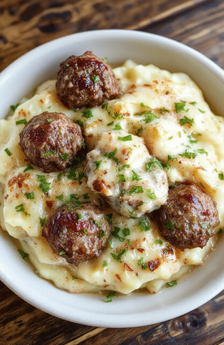 A plate featuring golden-brown Salisbury steak meatballs topped with rich gravy, alongside creamy mashed potatoes infused with herbs and garlic, garnished with fresh parsley, styled on a rustic wooden table with soft natural lighting.