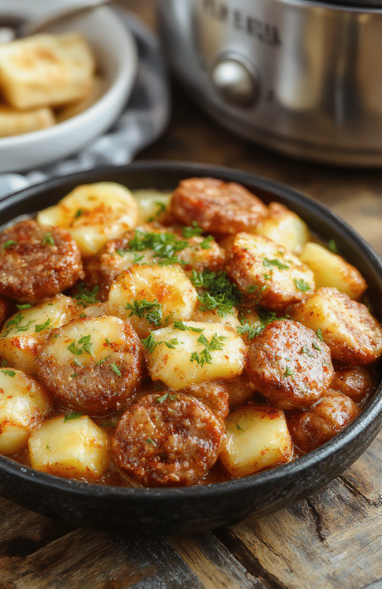 A hearty and inviting plate featuring slices of golden-brown sausage nestled among tender diced potatoes, garnished with fresh herbs and served on a rustic wooden table. The casserole has a rich, savory appearance with a slightly crispy top layer, complemented by vibrant green herbs and a warm, inviting color palette.