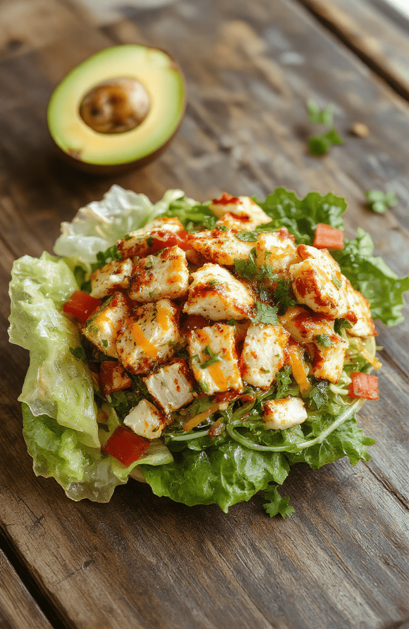 Colorful Southwest chicken salad plated with mixed greens, grilled chicken strips, cherry tomatoes, corn, black beans, avocado slices, and a drizzle of cilantro-lime dressing. The vibrant ingredients are arranged on a white plate with a rustic wooden background, highlighting fresh textures and bright colors.