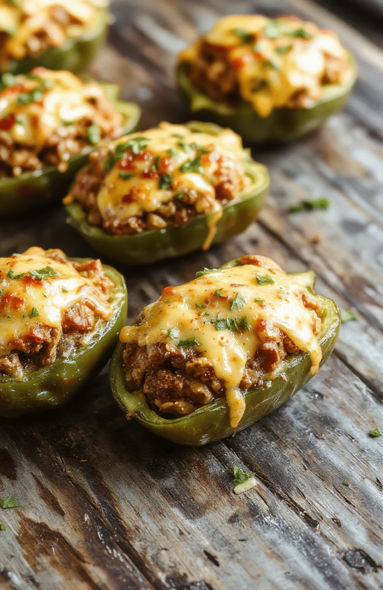 Colorful bell peppers filled with seasoned ground beef, melted cheese, and fresh toppings, arranged on a rustic wooden surface with vibrant ingredients visible around.