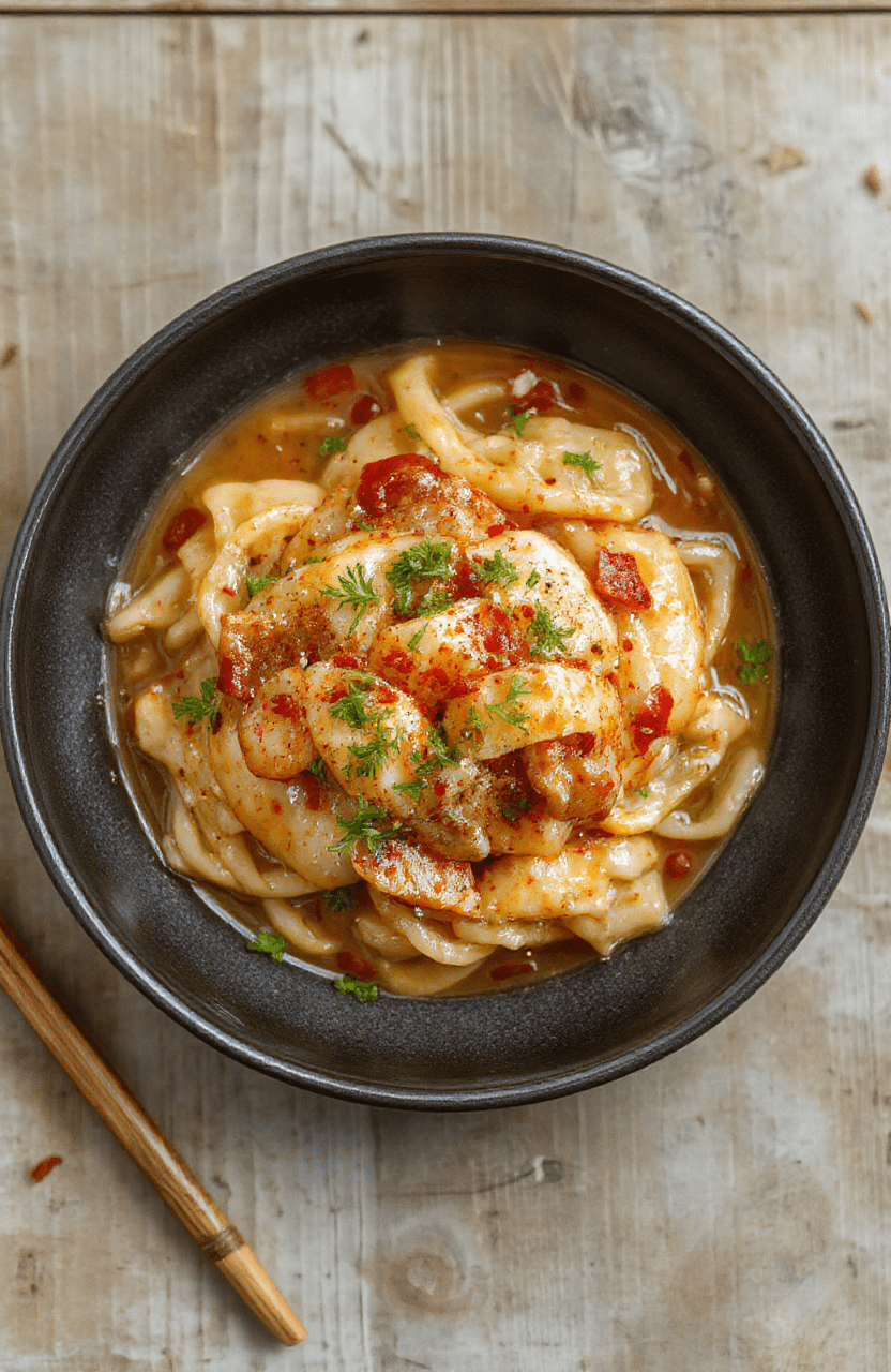 Bunter Teller mit glänzenden Hähnchenstücken auf aromatischen Teriyaki-Nudeln, garniert mit frischen Frühlingszwiebeln und Sesam, perfekt angerichtet