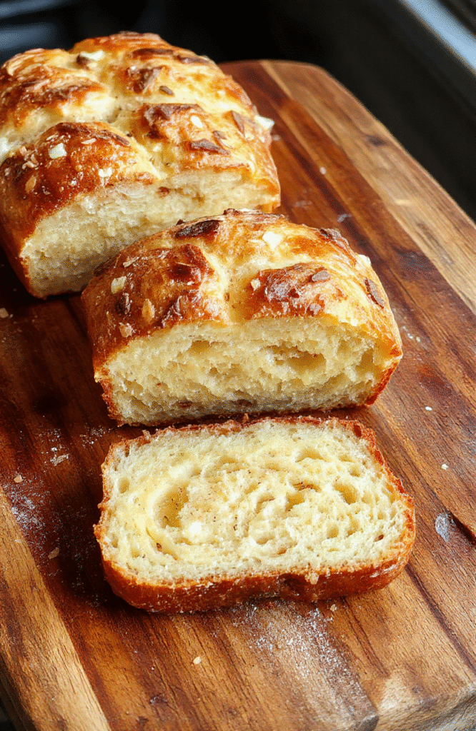 Doppelter Sichtwinkel auf frisch gebackenes Brot in der Heißluftfritteuse, goldbraun, knusprige Kruste, weiche Mitte, auf einem Holzteller, rustikaler Stil, natürliche Beleuchtung