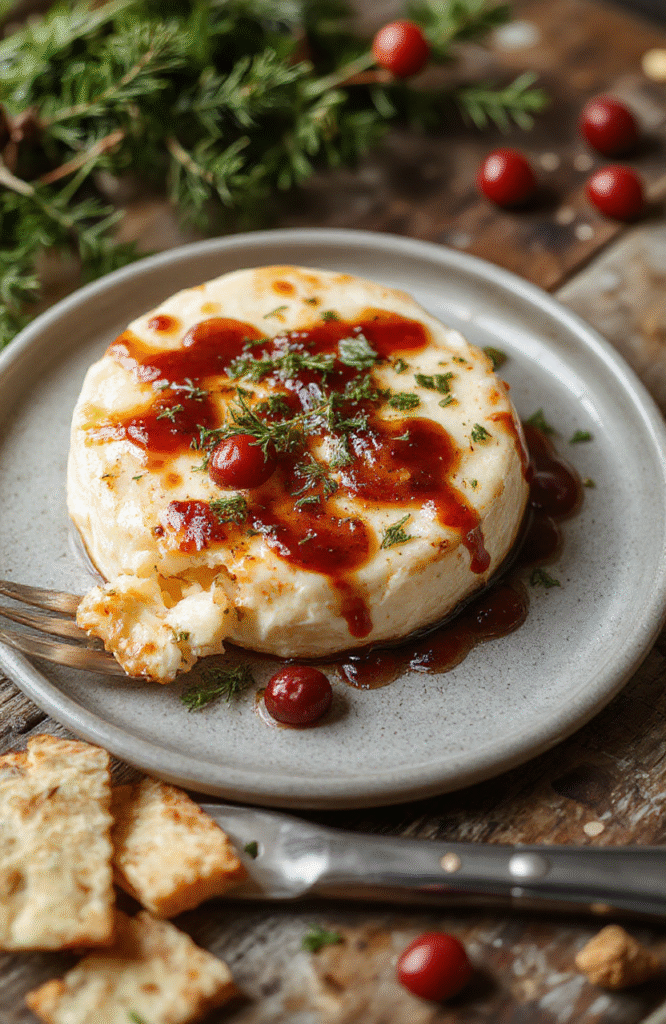 Goldene Camembert-Häppchen auf einem weißen Teller, umgeben von frischem Baguette und Kräutern, knusprig, cremig und verlockend, perfekt für Festtage