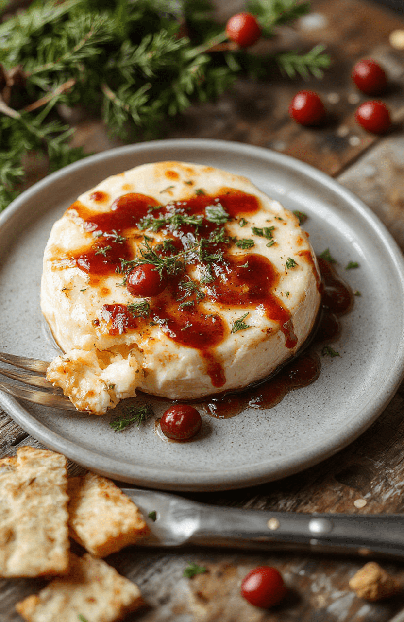 Goldene Camembert-Häppchen auf einem weißen Teller, umgeben von frischem Baguette und Kräutern, knusprig, cremig und verlockend, perfekt für Festtage