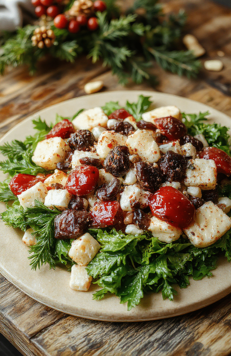 Bunter Weihnachts-Salat auf einem bunten Teller mit frischen Zutaten wie Gemüse, Obst und Nüssen, schön angerichtet mit würziger Vinaigrette, ansprechend und festlich dekoriert