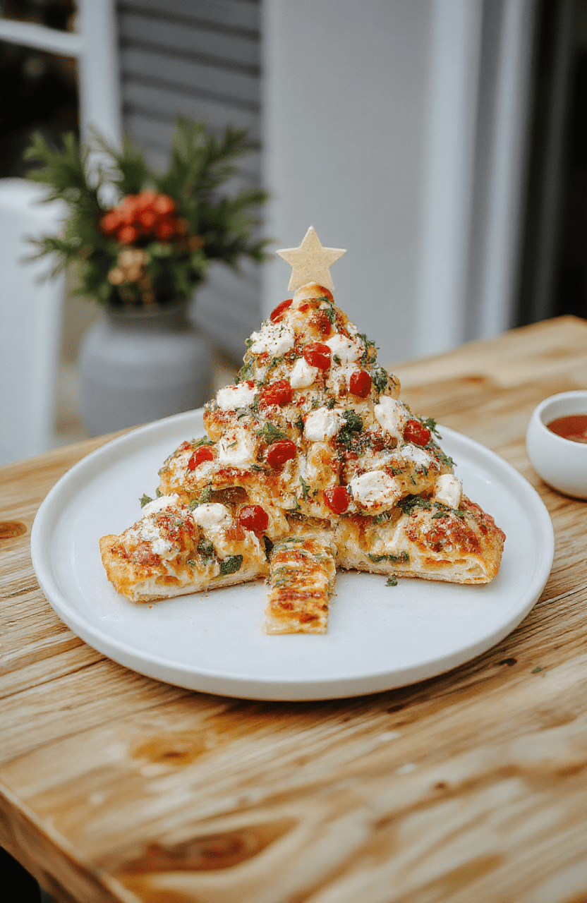 Bunter Weihnachtsbaum aus Pizza mit Käse, Schinken und bunten Zutaten, dekorativ auf einem Holztisch, appetitlich und einladend