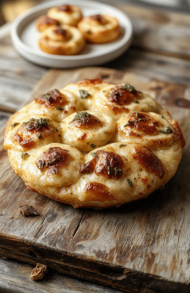 Bunte Flammkuchen-Schnecken auf einem Holzbrett, gefüllt mit Speck, Zwiebeln und Creme, in einer rustikalen, pastoral-ähnlichen Anordnung, appetitlich und einladend