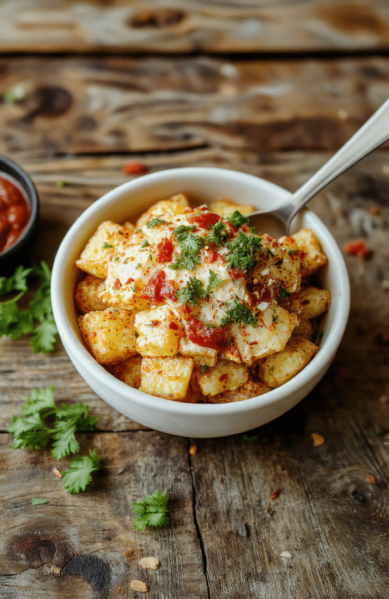 A vibrant loaded potato taco bowl featuring golden-brown crispy potatoes topped with melted cheese, fresh diced tomatoes, sliced avocados, and sour cream, garnished with chopped cilantro. The bowl is colorful, inviting, with textures from creamy, crispy, and fresh ingredients, styled in a casual setting with a rustic wooden background.