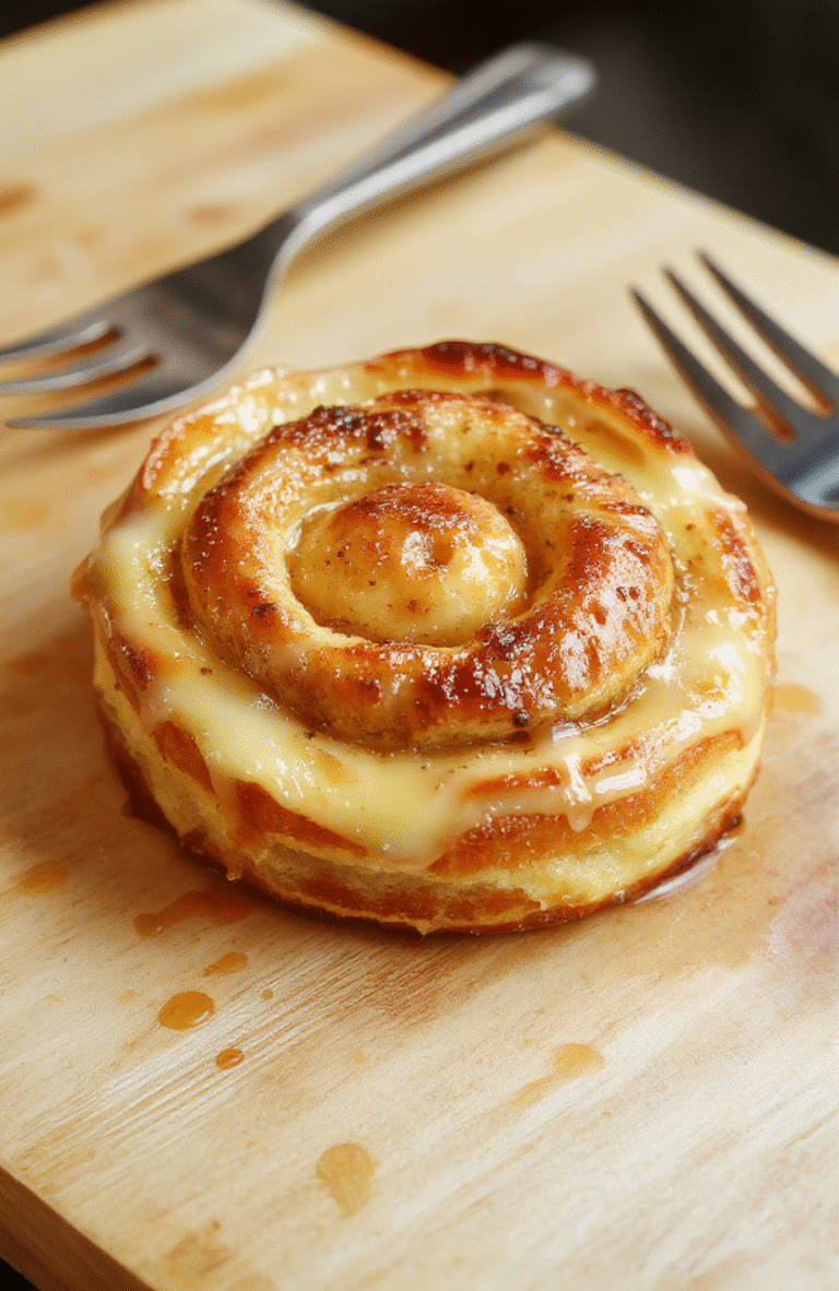Helle, goldene Vanillestangen aus Blätterteig, dekorativ gefaltet und mit Vanilleglasur glasiert, auf einem Holztablet, appetitlich und frisch.