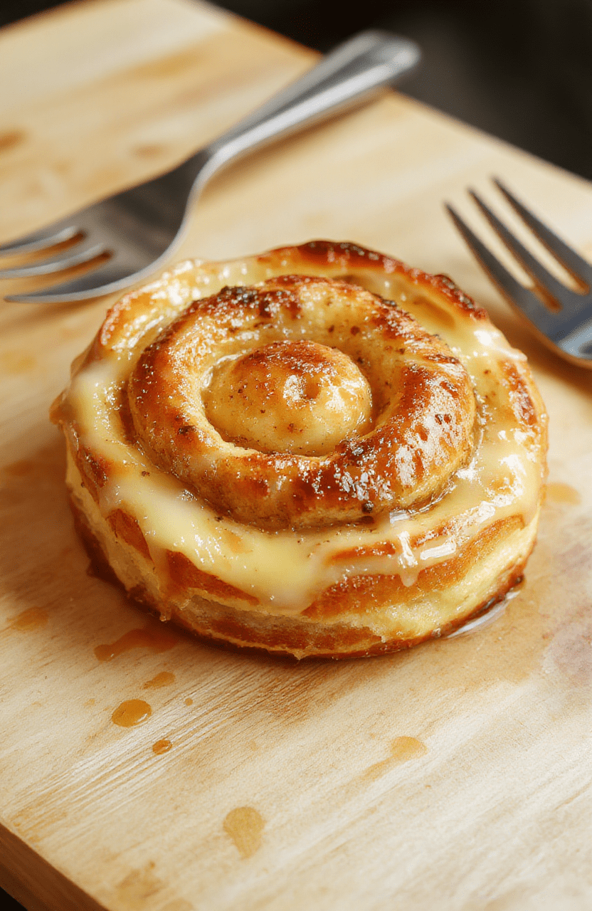 Helle, goldene Vanillestangen aus Blätterteig, dekorativ gefaltet und mit Vanilleglasur glasiert, auf einem Holztablet, appetitlich und frisch.