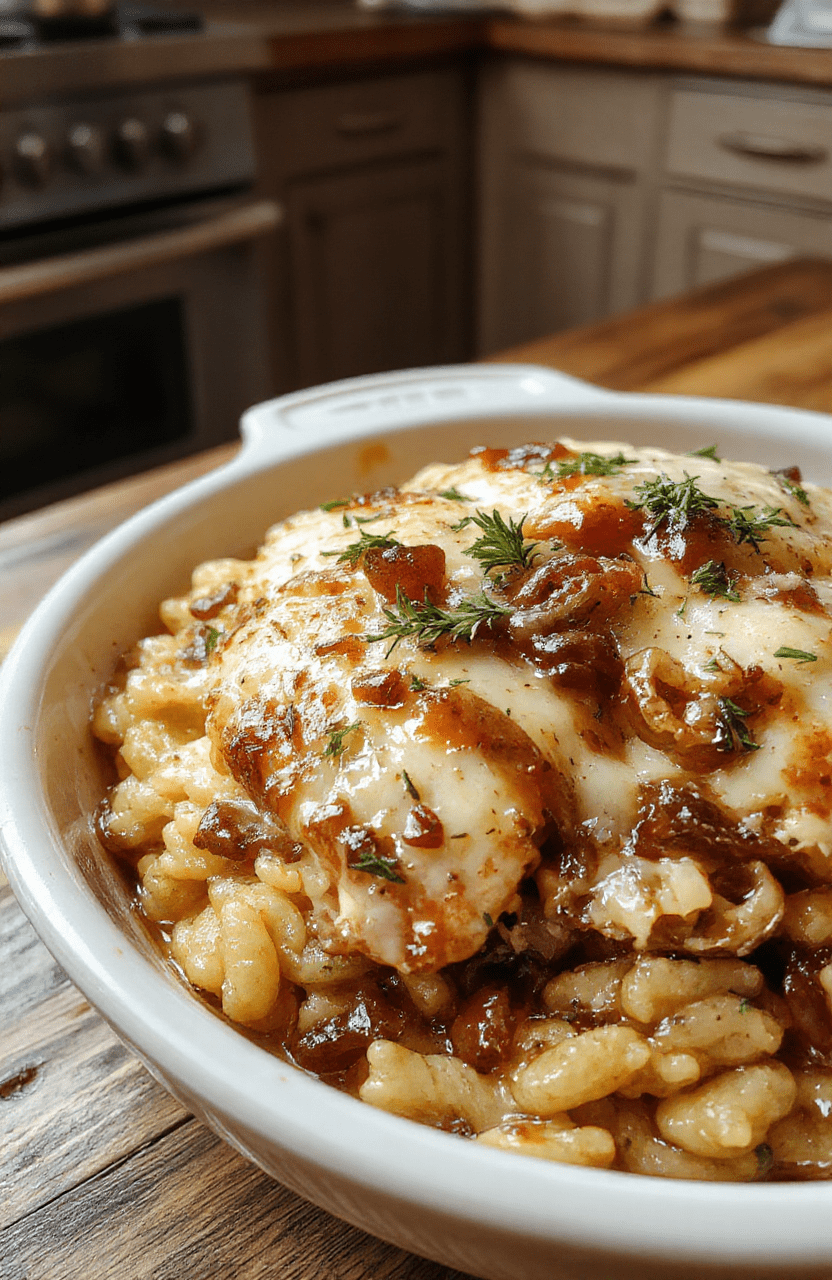 A vibrant, cheesy French Onion Chicken Orzo casserole served in a rustic white dish, topped with perfectly melted cheese and caramelized onion slices, garnished with fresh thyme. The casserole sits on a wooden table with a cozy, inviting atmosphere, showcasing textures of creamy cheese, tender chicken, and al dente orzo.