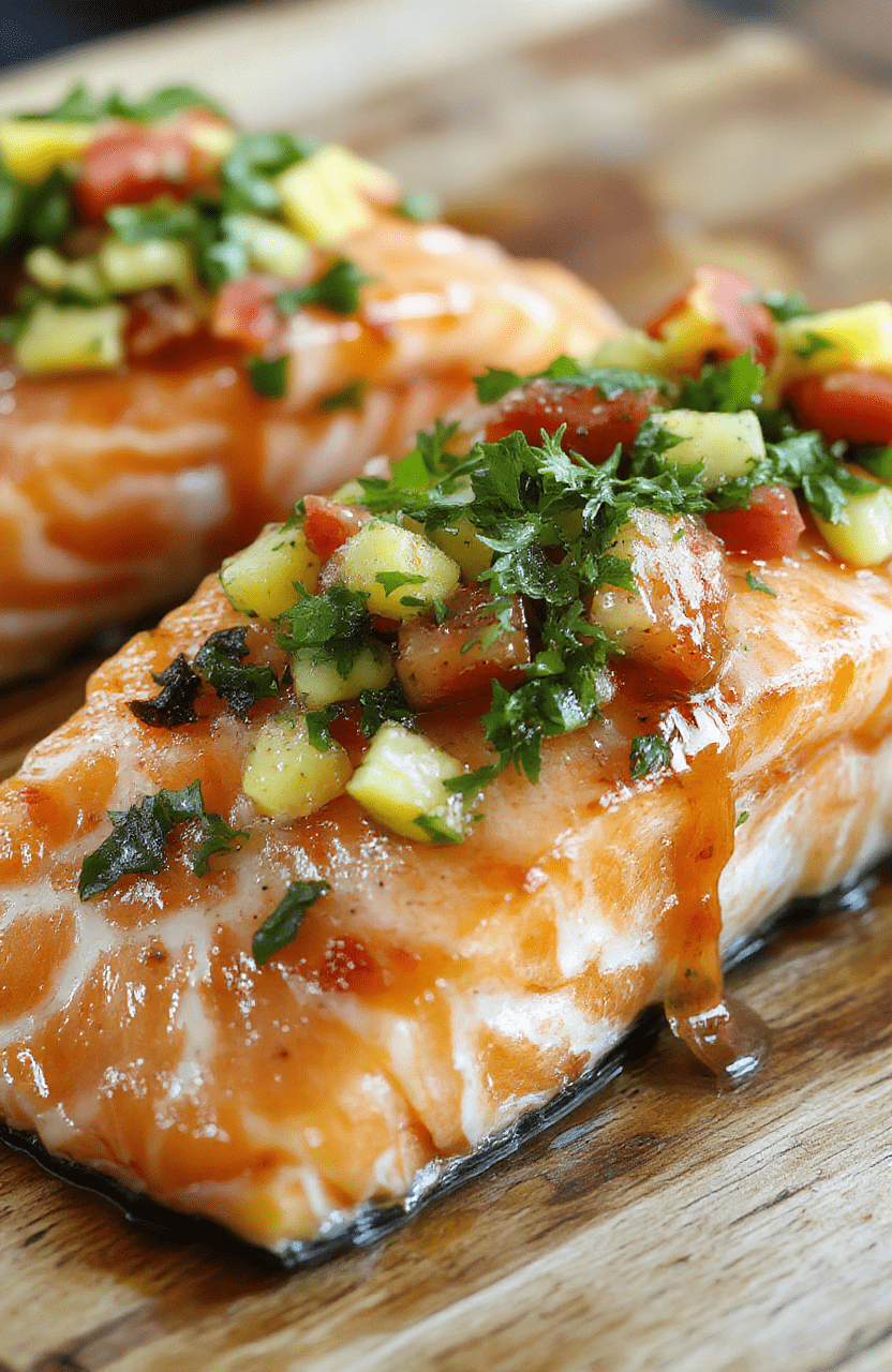 Vibrant fresh mango salsa topping a perfectly cooked salmon fillet, plated on a white ceramic dish with a colorful backdrop of diced mango, red onion, cilantro, and lime wedges, creating a bright and appetizing visual, textured and fresh, styled simply for an inviting presentation.