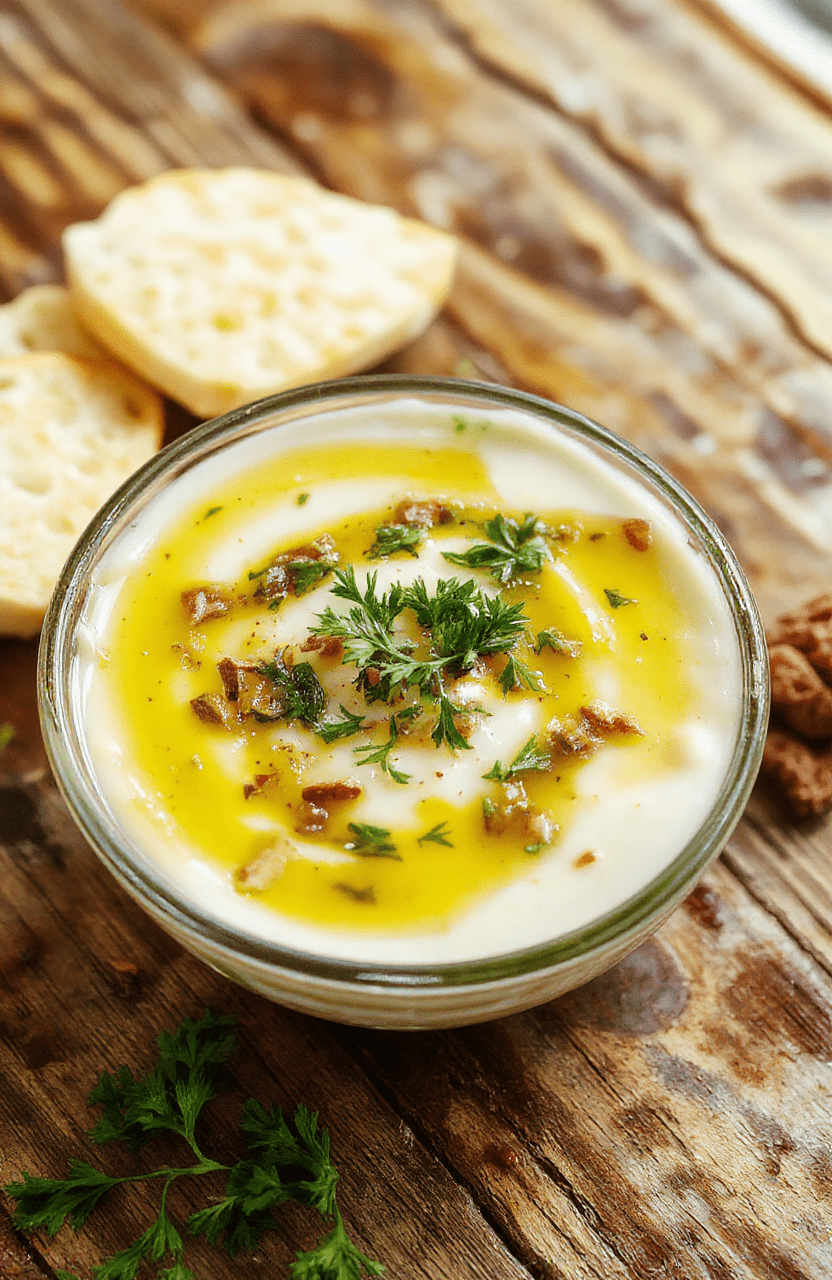A close-up shot of a rustic white bowl filled with vibrant golden garlic olive oil dip, garnished with fresh chopped parsley and minced garlic, placed on a wooden table. The dip appears glossy and aromatic, with small bubbles and herbs visible. The background features a neutral-toned linen cloth, enhancing the inviting, homemade atmosphere and rustic presentation.