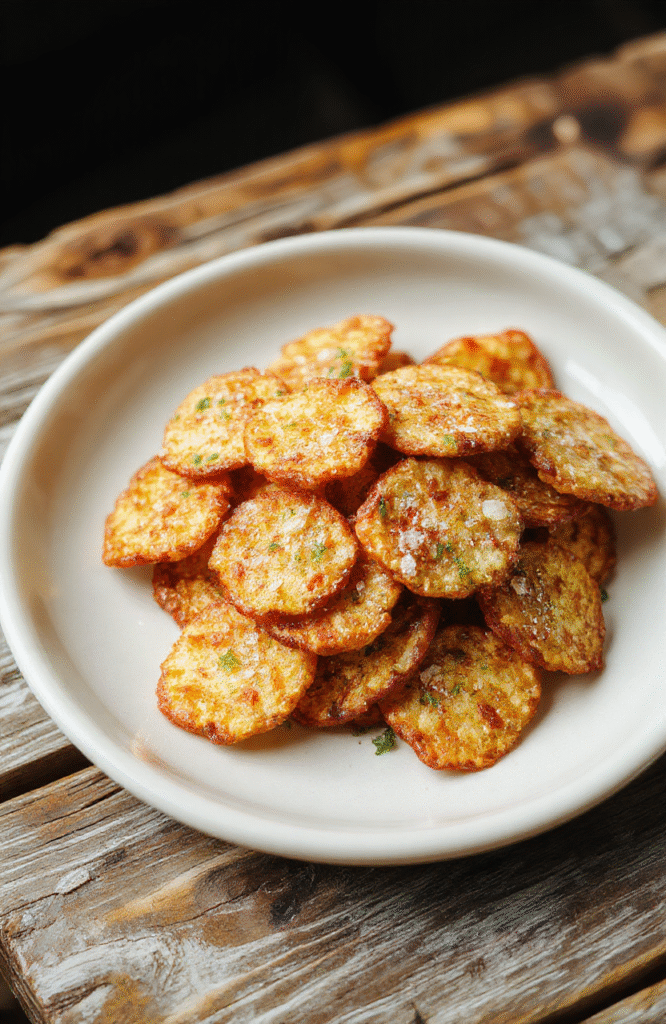 Bunter, knuspriger Snack auf einem weißen Teller mit verschiedenen Dips. Der Snack besteht aus kleinen, goldbraunen Zutaten, die appetitlich angerichtet sind, umgeben von frischen Kräutern und buntem Gemüse für einladendes, leckeres Aussehen.