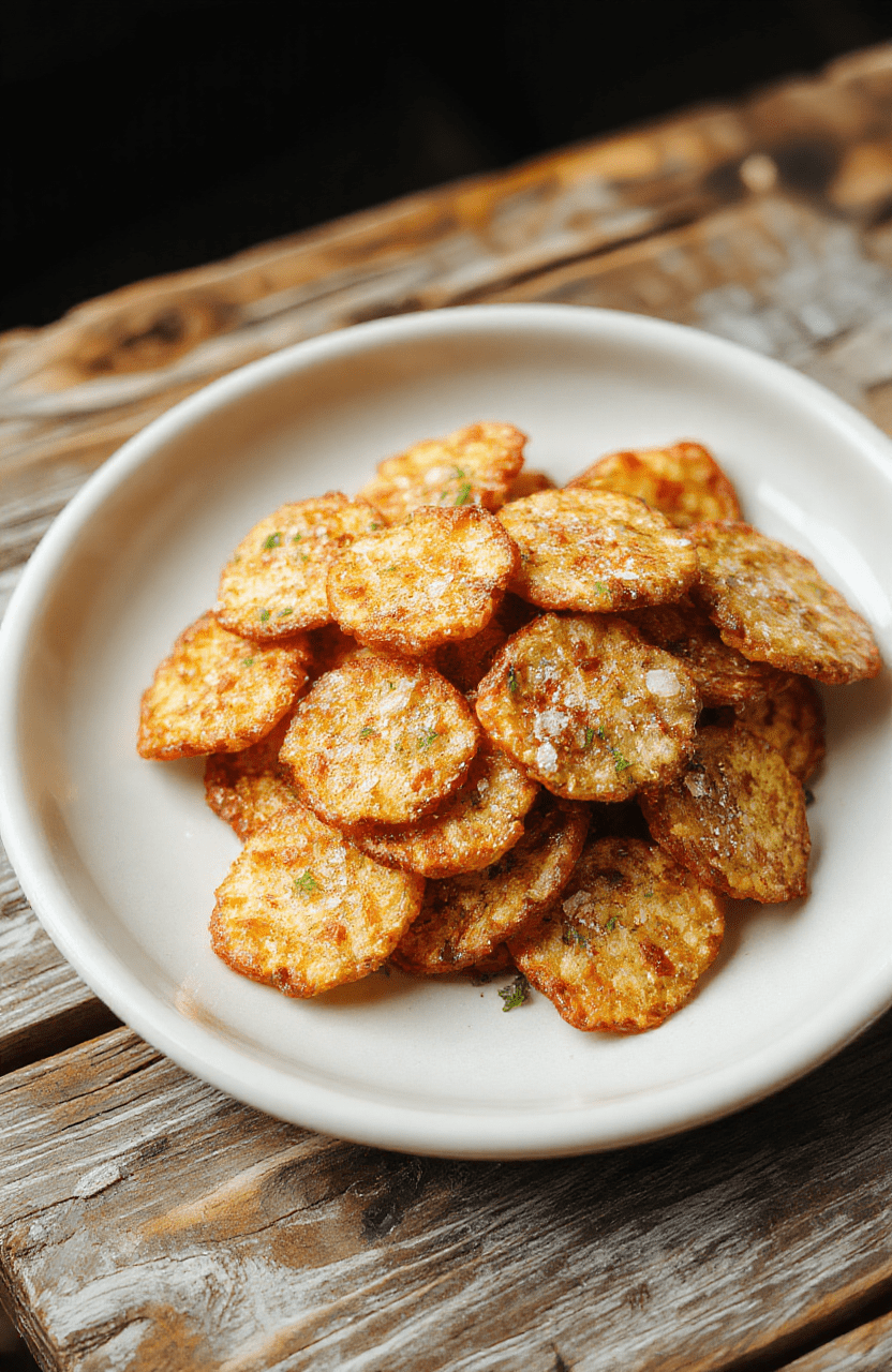 Bunter, knuspriger Snack auf einem weißen Teller mit verschiedenen Dips. Der Snack besteht aus kleinen, goldbraunen Zutaten, die appetitlich angerichtet sind, umgeben von frischen Kräutern und buntem Gemüse für einladendes, leckeres Aussehen.