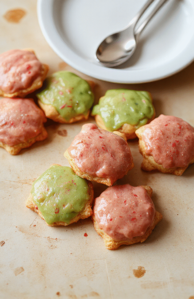 Bunte gebackene Glücksschweinchen auf einem hellen Holzbrett mit glänzender Glasur, dekoriert mit Zuckerdekor und bunten Streuseln, appetitlich und charmant, perfekt für Neujahr