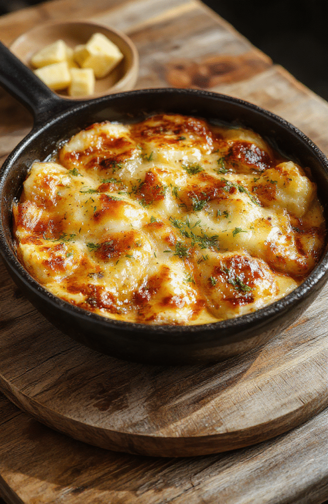 Bunte griechische Kritharaki-Nudeln in einer Pfanne mit Tomaten, Zwiebeln, Kräutern und Feta-Käse, serviert auf einem rustikalen Holzbrett, appetitlich und frisch